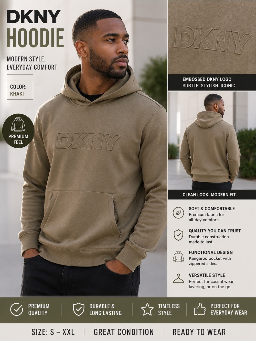 DKNY Khaki Embossed-Logo Pullover Hoodie